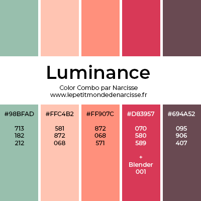 Palette de couleur vert, rose, saumon, rouge, aubergine avec code hexadécimal et codes des crayons luminance caran d'ache