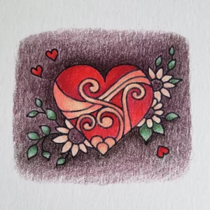 illustration d'un coeur entouré de fleur, mis en couleur avec une palette de couleur aubergine, rouge, rose, saumon et vert