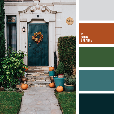 palette de couleur gris, orange, vert, bleu et bleu foncé, avec une porte, une couronne de feuille, des buissons et des citrouilles