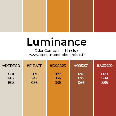 palette de couleur gris, moutarde, orange, brun, rouge, automne avec code hexadécimal et code des crayons luminance caran d'ache